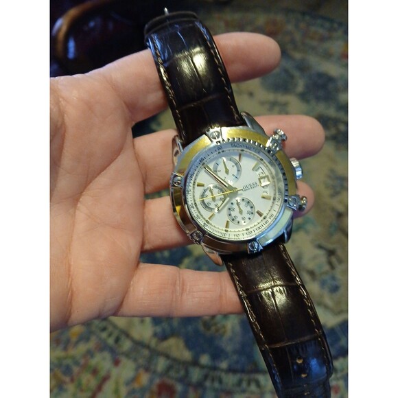 GUESS Genuine Leather Brown Croc Band Waterpro 300 Ft. Stainless Steel Face... - Picture 6 of 7
